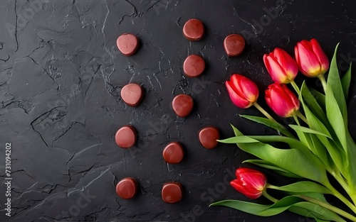Valentines day dark background. Chocolate hearts and red tulips. Copy space. Love and concept