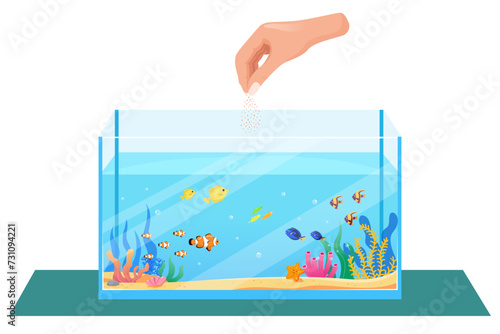 Vector fish food in a rectangular aquarium, Feeding aquarium fish. Pets flat vector illustration
