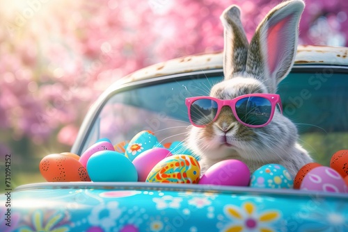 Easter bunny wearing sunglasses Peeking out from a car filled with colorful easter eggs Adding a fun and whimsical touch to the holiday celebration