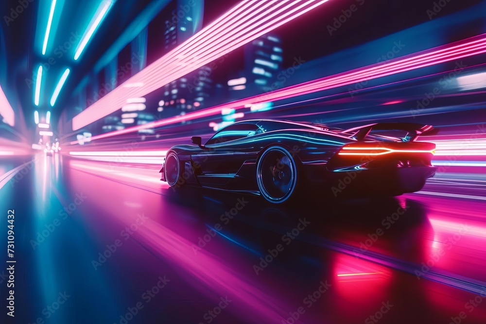 Futuristic vehicle driving through the night Bathed in cool neon lights and synth-wave aesthetics Concept of modern mobility and urban nightlife Futuristic vehicle driving through the night Bathed in cool neon lights and synth-wave aesthetics Concept of modern mobility and urban nightlife