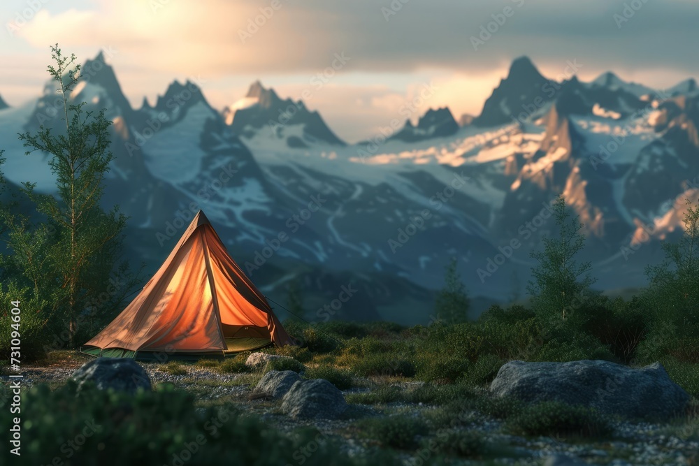 Camping scene in the mountains with a tent pitched in the foreground Adventure and travel theme