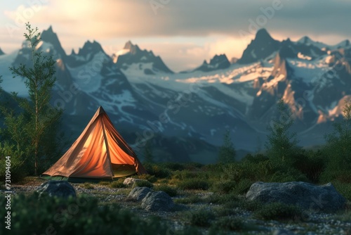 Camping scene in the mountains with a tent pitched in the foreground Adventure and travel theme