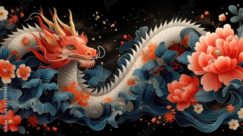 a painting of a dragon and flowers on a black background with red and white flowers on the left side of the dragon's head.