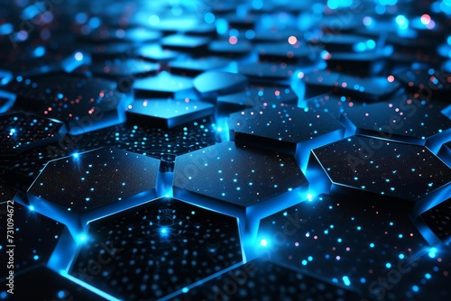 Abstract futuristic background with hexagons and blue neon lights Concept of digital innovation and high-tech design