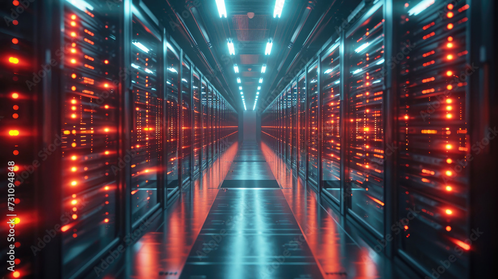 Tunnel in a large modern room with servers, transmission of data and information through digitizing lines with neon lights. web service, Internet, data storage. Ai generated Tunnel in a large modern room with servers, transmission of data and information through digitizing lines with neon lights. web service, Internet, data storage. Ai generated