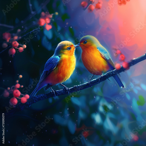 Two songbirds on a branch.