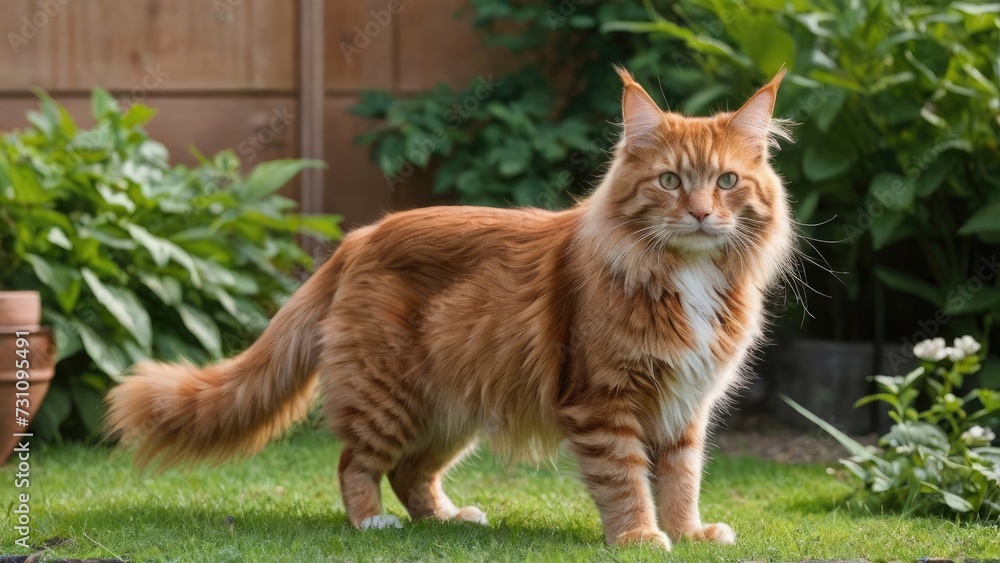 Red maine coon cat in the garden