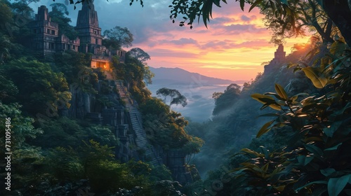 mystical realm of an Ancient Mayan jungle landscape at sunset, with towering temples and lush foliage illuminated by the fading sun