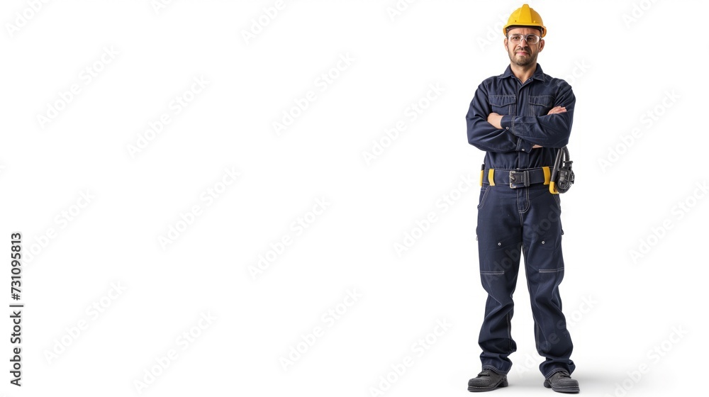 A Potrait of Happy Professional Confidential Engineer with Safety Equipment Isolated on a White Background. A Potrait of Happy Professional Confidential Engineer with Safety Equipment Isolated on a White Background.