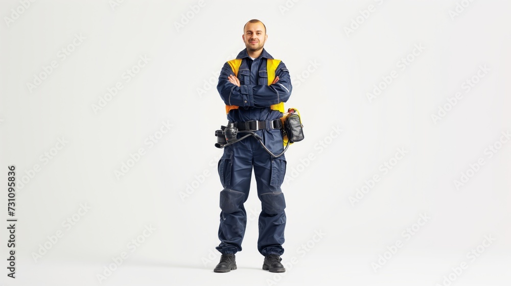 A Potrait of Happy Professional Confidential Engineer with Safety Equipment Isolated on a White Background. A Potrait of Happy Professional Confidential Engineer with Safety Equipment Isolated on a White Background.