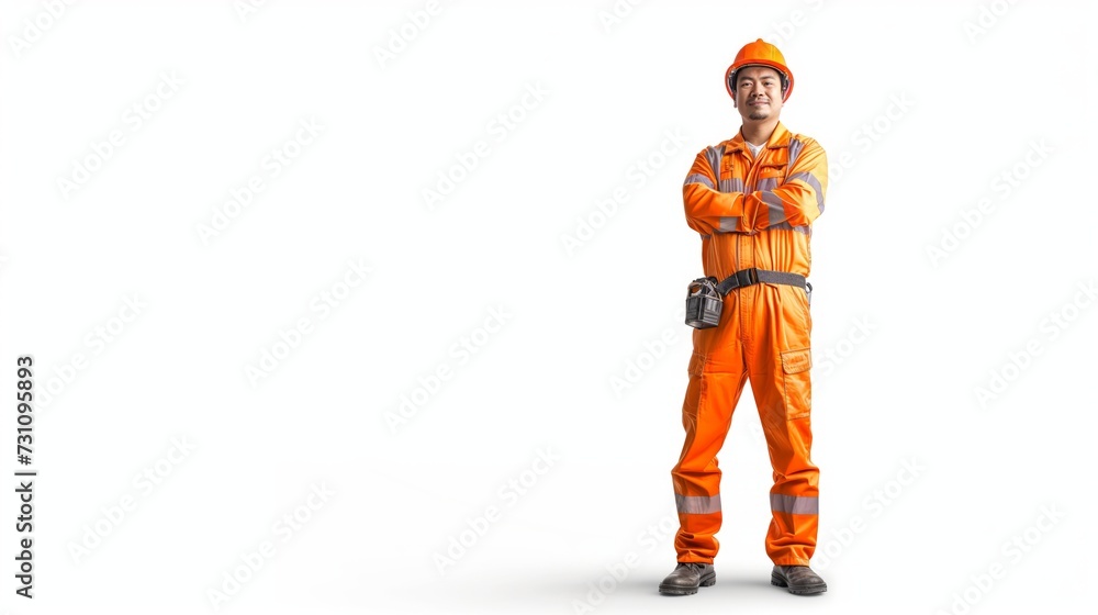 A Potrait of Happy Professional Confidential Engineer with Safety Equipment Isolated on a White Background. A Potrait of Happy Professional Confidential Engineer with Safety Equipment Isolated on a White Background.