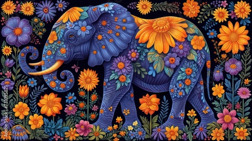 a painting of an elephant with flowers on it s trunk and tusks on it s back.
