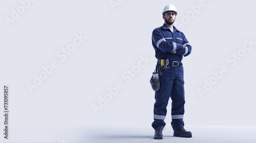 A Potrait of Happy Professional Confidential Engineer with Safety Equipment Isolated on a White Background.