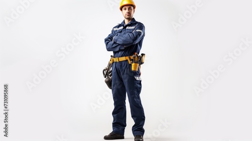 A Potrait of Happy Professional Confidential Engineer with Safety Equipment Isolated on a White Background.