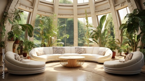 interior scene with two white curved sofas in a living room adorned with a large plant near a central window.