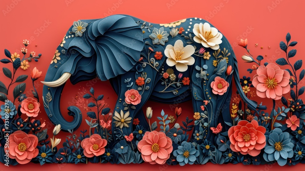 a paper cut of an elephant surrounded by flowers and leaves on a red background with a red background behind it.
