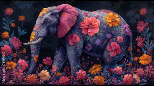 a painting of an elephant with flowers on it's trunk and tusks on it's back.