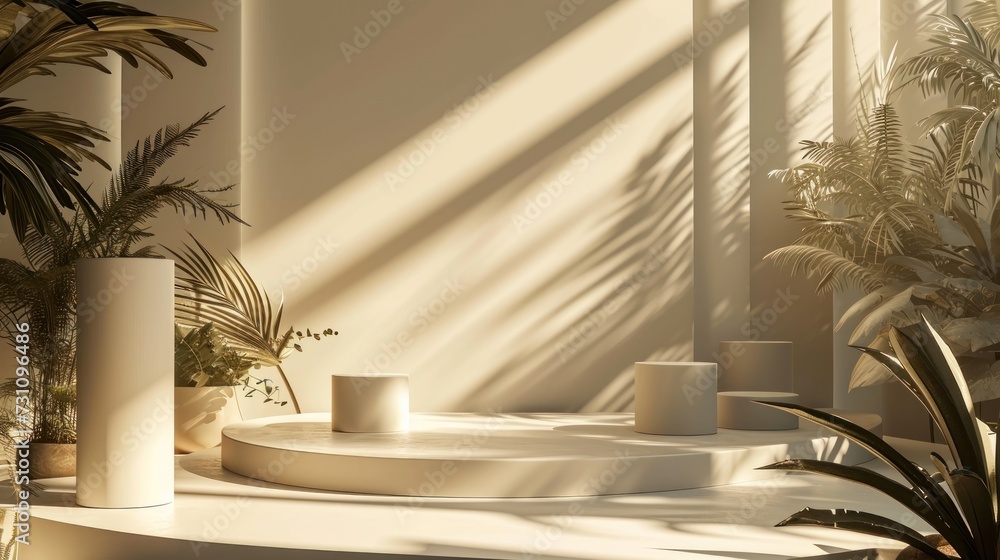 3D beige minimalist round display podium room background with tropical plants and bright sunlight. 3D natural beige pastel Minimal showcase product presentation 3D beige minimalist round display podium room background with tropical plants and bright sunlight. 3D natural beige pastel Minimal showcase product presentation