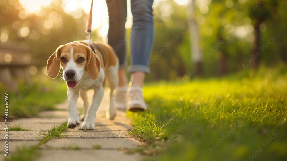 A woman with her beagle dog is having fun while walking in dog park in morning summer.