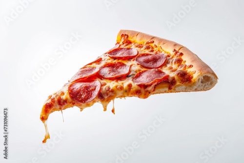 Delicious slice of pepperoni pizza flying on a white background Concept of fun and appetizing fast food