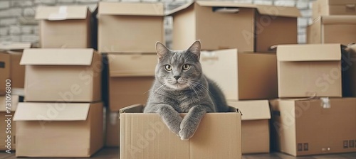 Donation concept  cat sitting in cardboard box among stack of boxes in new home, moving day photo