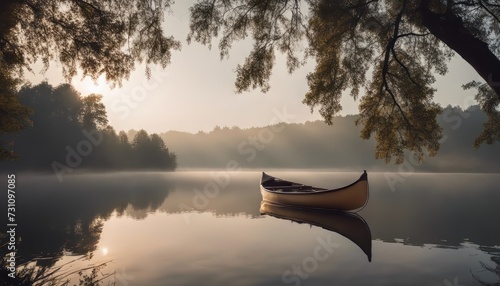 Bow of a canoe in the morning on a misty lake