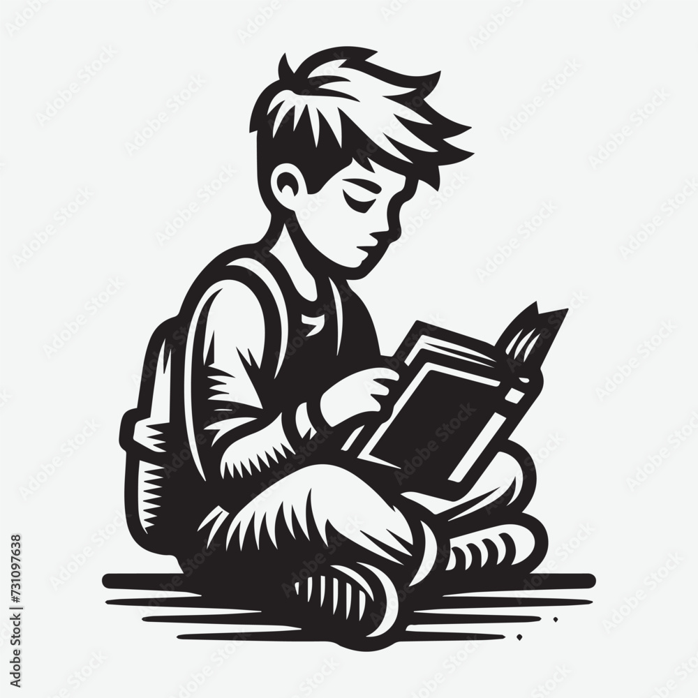 Young Boy Reading A Book Vector Illustration. Smart Child Silhouette
