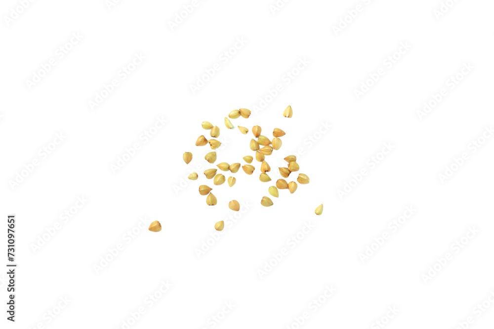 Green buckwheat isolated on a white background. Superfood. Raw buckwheat porridge. Healthy vegan food, eco products, diet, organic. Green buckwheat isolated on a white background. Superfood. Raw buckwheat porridge. Healthy vegan food, eco products, diet, organic.