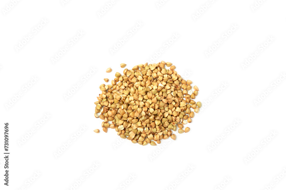 Green buckwheat isolated on a white background. Superfood. Raw buckwheat porridge. Healthy vegan food, eco products, diet, organic. Green buckwheat isolated on a white background. Superfood. Raw buckwheat porridge. Healthy vegan food, eco products, diet, organic.