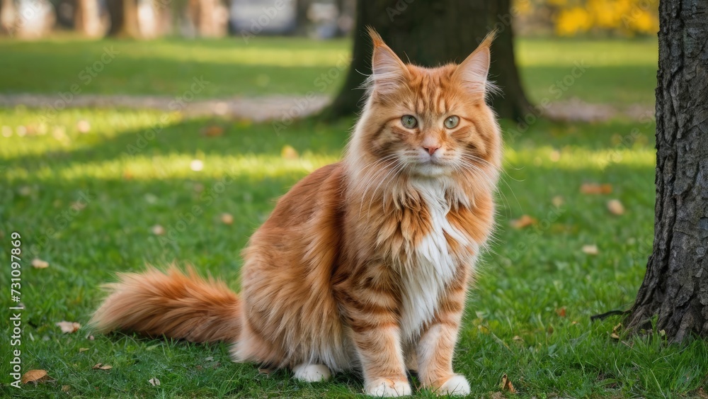 Red maine coon cat in the park