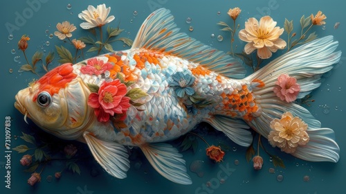 a painting of a goldfish with flowers on it's head and water droplets on it's body. photo