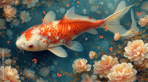 a painting of a koi fish in a pond of water surrounded by pink and white flowers and water droplets. photo