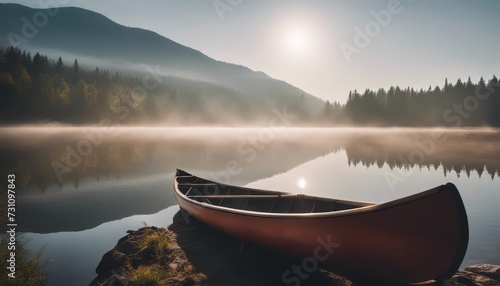 Bow of a canoe in the morning on a misty lake © Adi