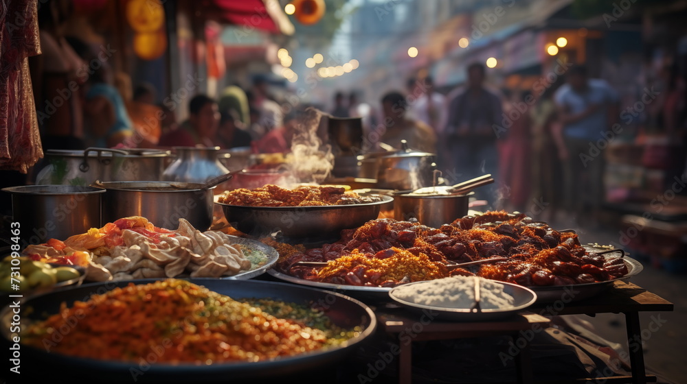 India food on a street food market. AI Generative.	
