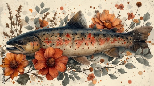 a painting of a large brown fish surrounded by orange flowers and leaves on a white background with watercolor splashes. photo