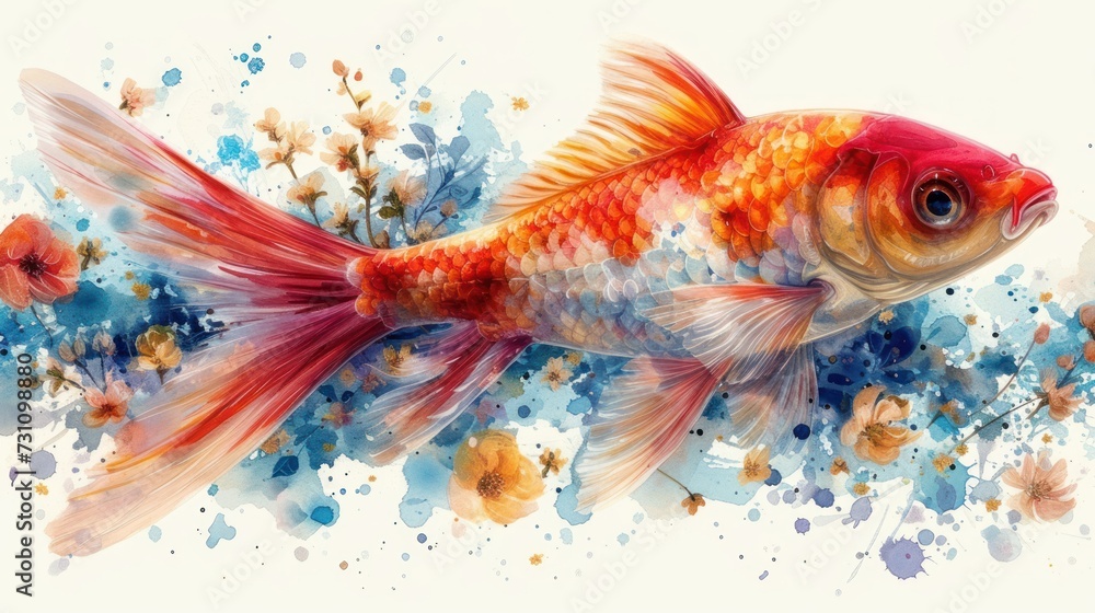 a painting of a goldfish on a white background with blue and orange watercolor splatters around it. a painting of a goldfish on a white background with blue and orange watercolor splatters around it.
