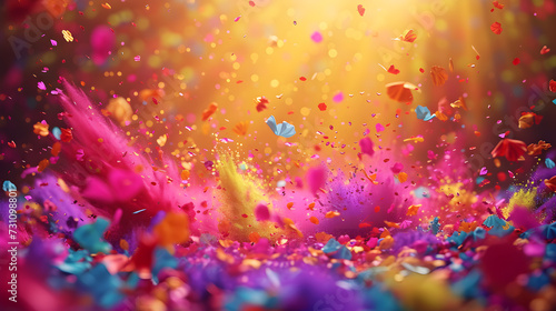 Falling multi colored Holi powder with shining sun behind it - Format 16:9 © orbcat