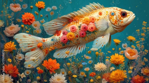 a painting of a goldfish with flowers on it's side and a fish in the middle of the picture. photo