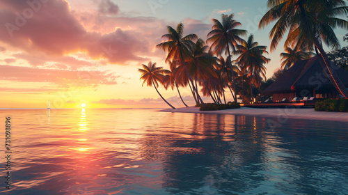 Tropical resort with sunset near beach.