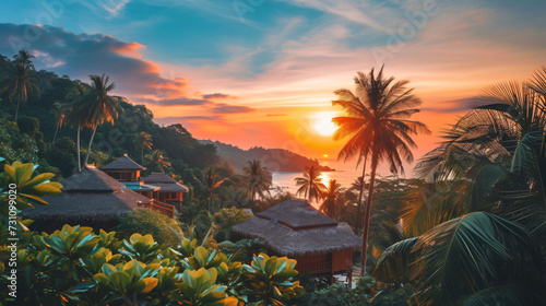 Tropical resort with sunset near beach.