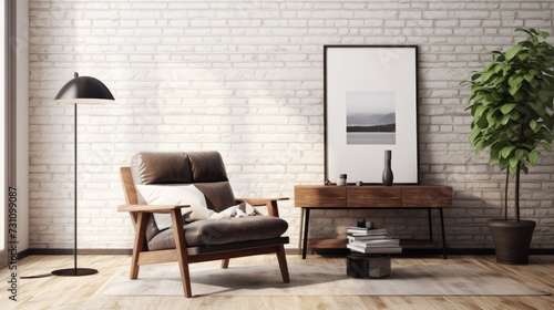 Modern Scandinavian living room with armchair, poster frame, commode, wooden stool, lamp, decoration, loft wall, and personal accessories.