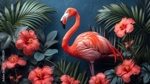 a pink flamingo standing in the middle of a tropical garden with pink flowers and palm leaves on a blue background. © Nadia