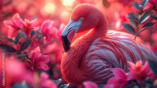 a close up of a pink flamingo in a field of flowers with a blurry background of pink flowers. photo