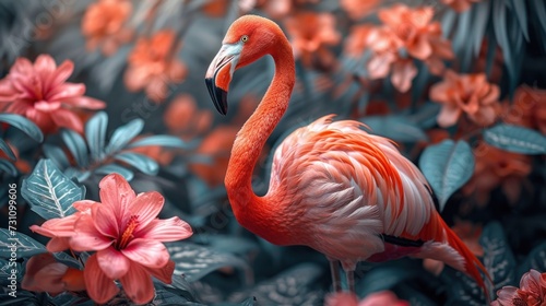 a pink flamingo standing in the middle of a field of pink flowers and green leaves with pink flowers in the background. © Nadia