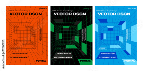 Template futuristic graphic design poster 3 color set digital tech science background modern abstract geometric website vertical 3D printing flyer backdrop line pattern portal cyber layout editorial 