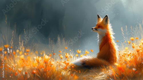 a painting of a red fox sitting in a field of wildflowers with a dark sky in the background. © Nadia