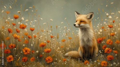 a painting of a fox sitting in the middle of a field of wildflowers with a blue sky in the background.