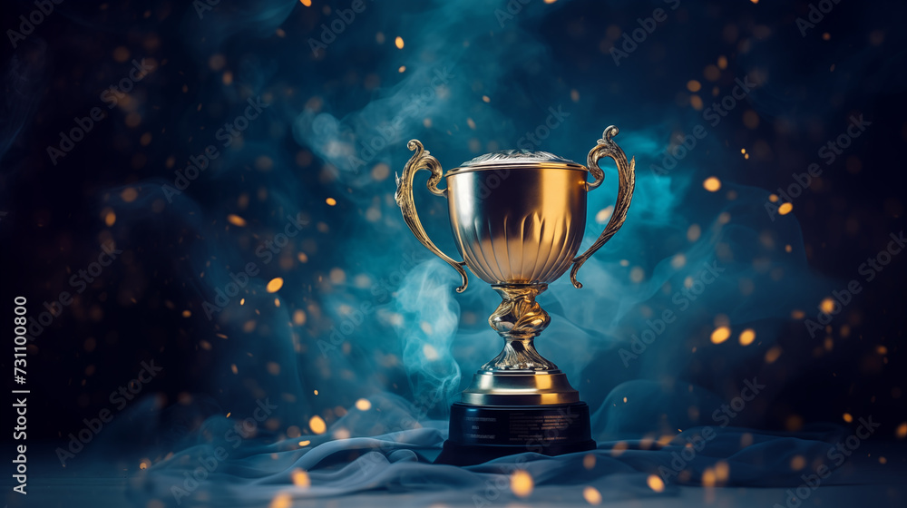 Golden trophy on a blue fabric background with ribbons, position at conner with copy space, blue smoke, dark tone Golden trophy on a blue fabric background with ribbons, position at conner with copy space, blue smoke, dark tone