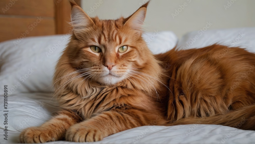 Red maine coon cat lying on bed in the bedroom