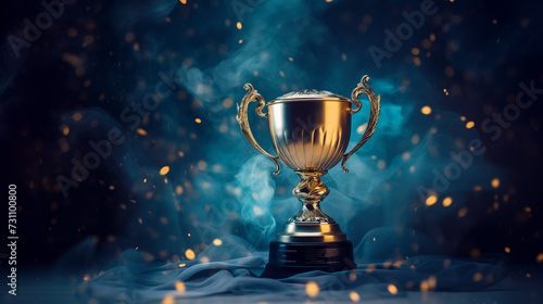 Golden trophy on a blue fabric background with ribbons, position at conner with copy space, blue smoke, dark tone © The Origin 33